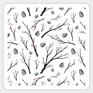 Winter trees with berries and cones. New Year and Christmas print Magnet